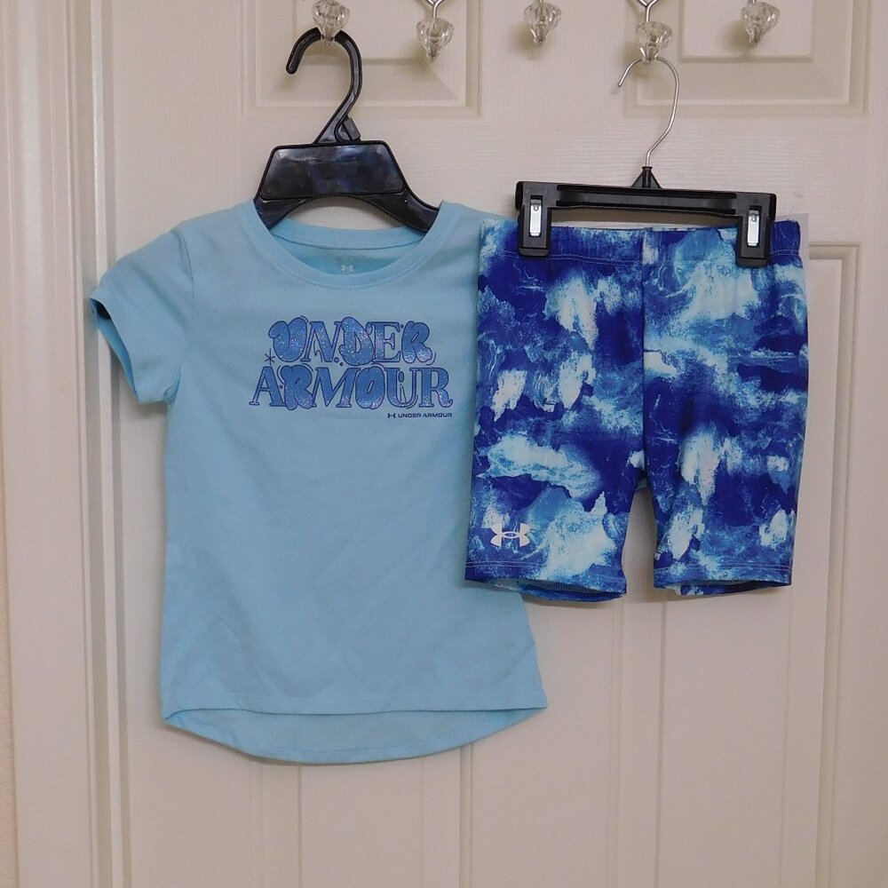 NWT 2pc Under Armour Blue Sparkle Logo Top & Print Shorts Set sz 4
